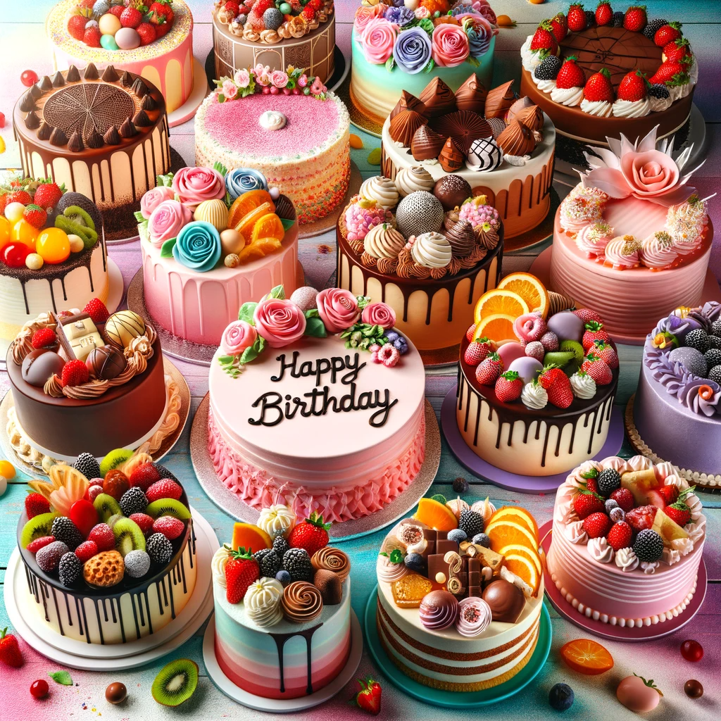 A vibrant photo of a variety of birthday cakes showcasing different flavours and designs. The cakes should be colourfully decorated displaying a range