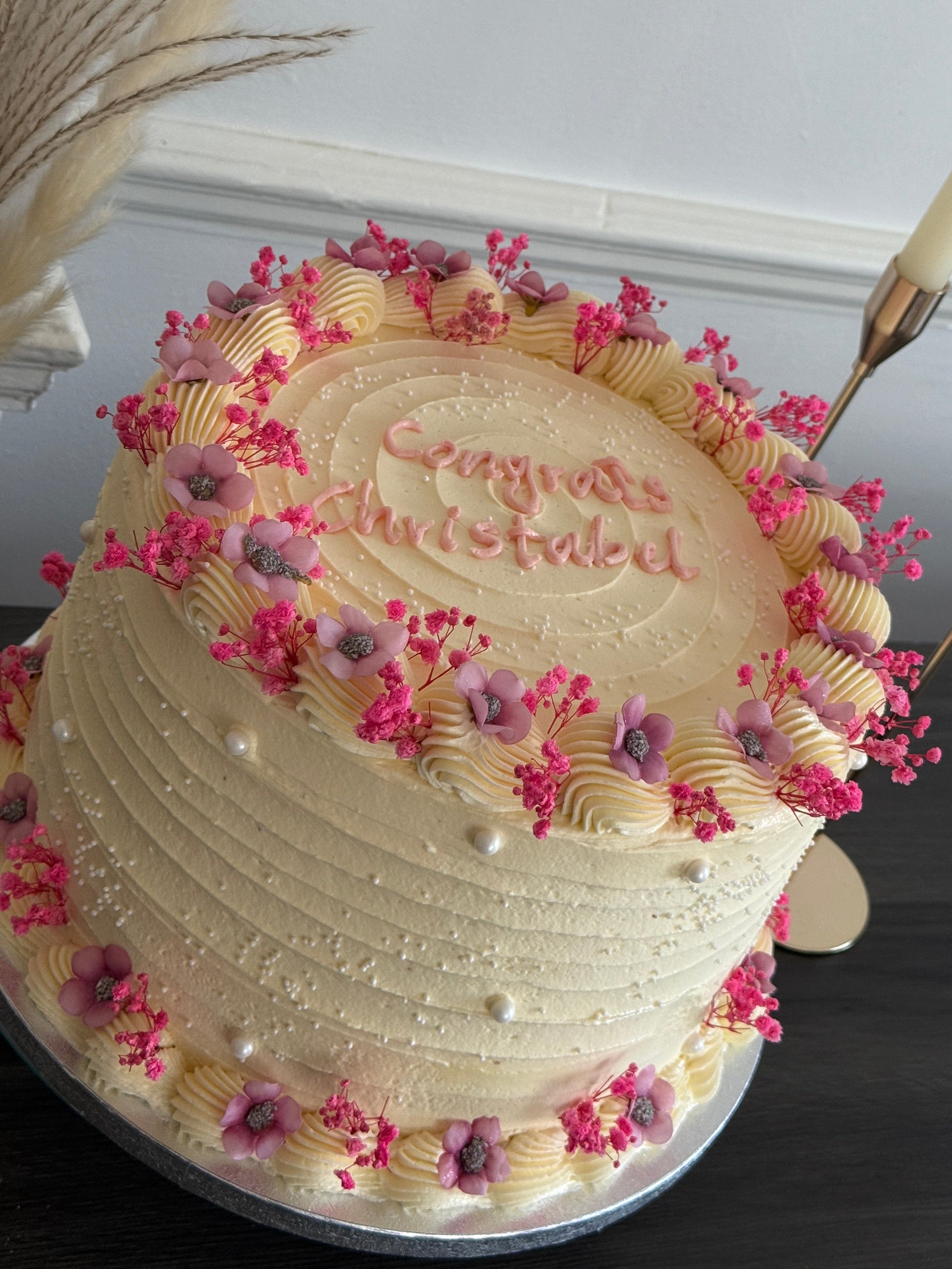 Luxury floral birthday cake with pink blooms and pearls delivery in Barking