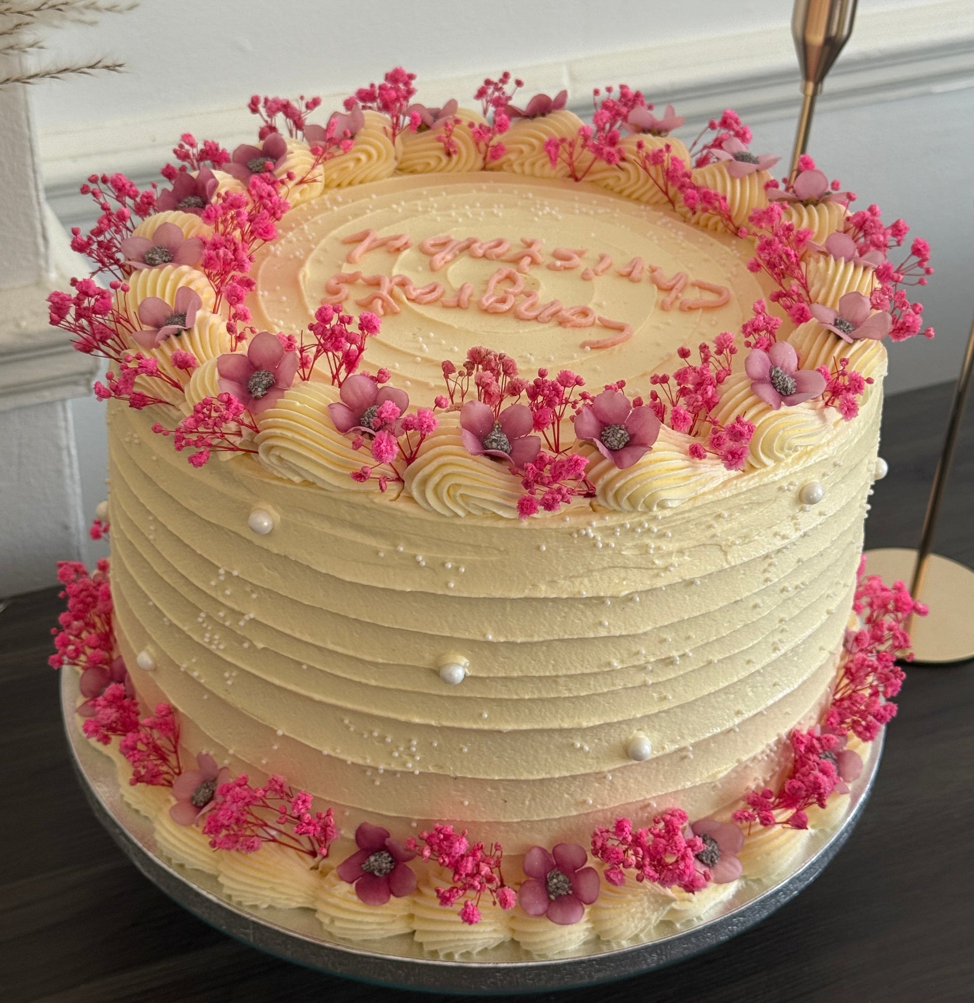 Elegant pink floral celebration cake for birthdays and parties in East Ham