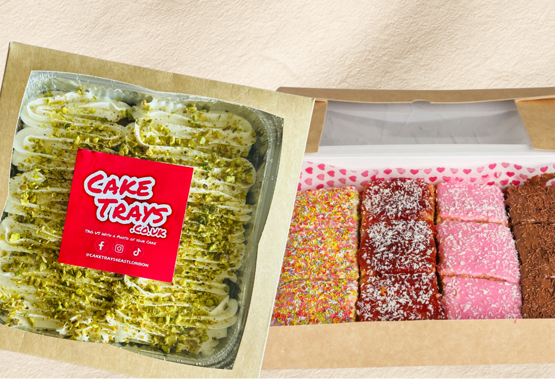 Milk Cake Tray and Cake Gift Box bundle from Cake Trays, showing assorted flavoured cake slices in a branded tray alongside a decorative gift box