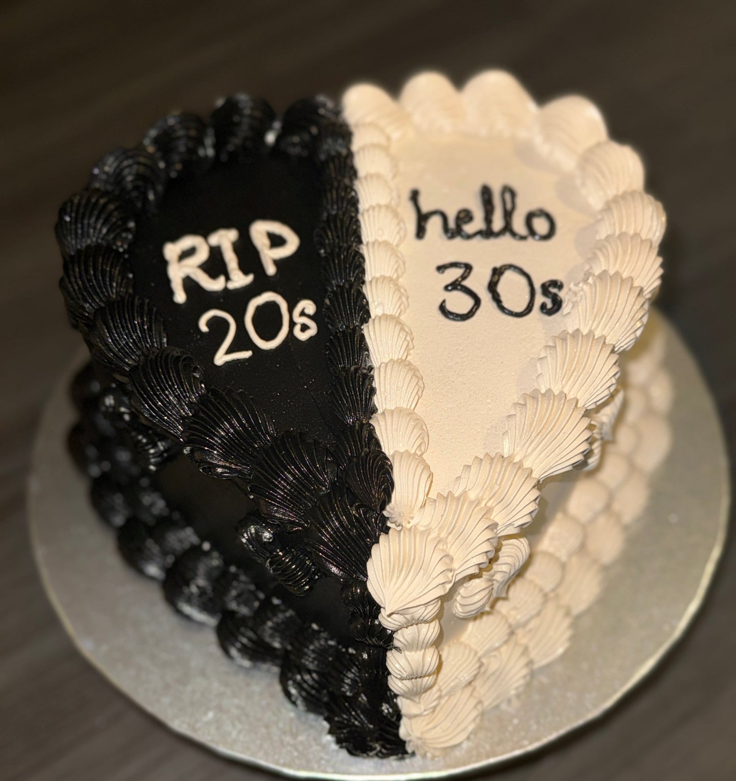 RIP 20s Hello 30s split heart cake available for same day delivery Barking