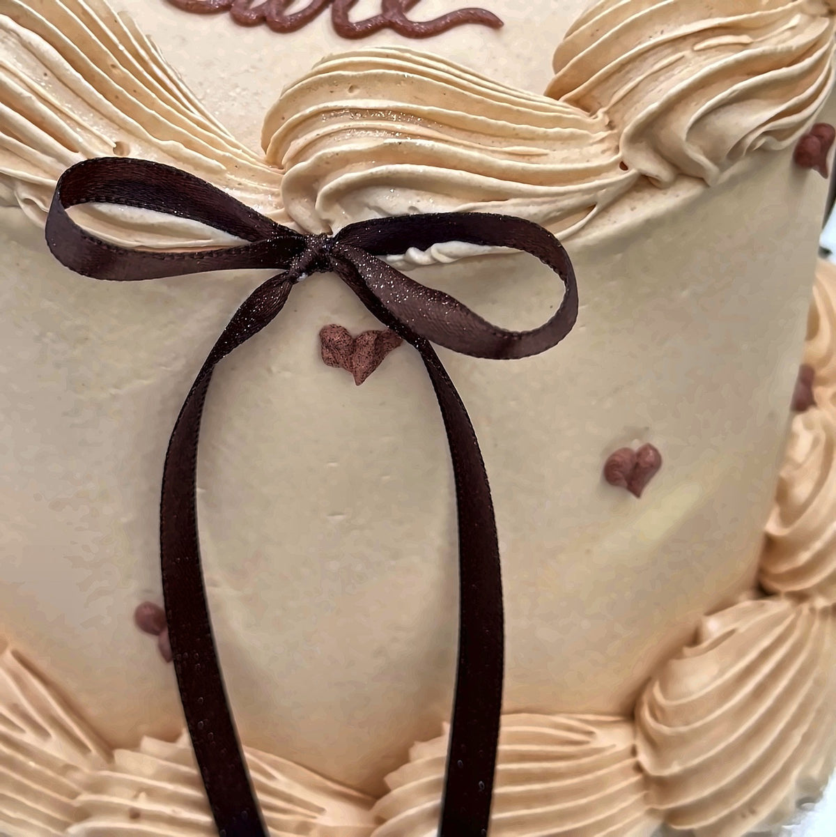 Nude Vintage Bow Cake brown satin ribbon bow close-up