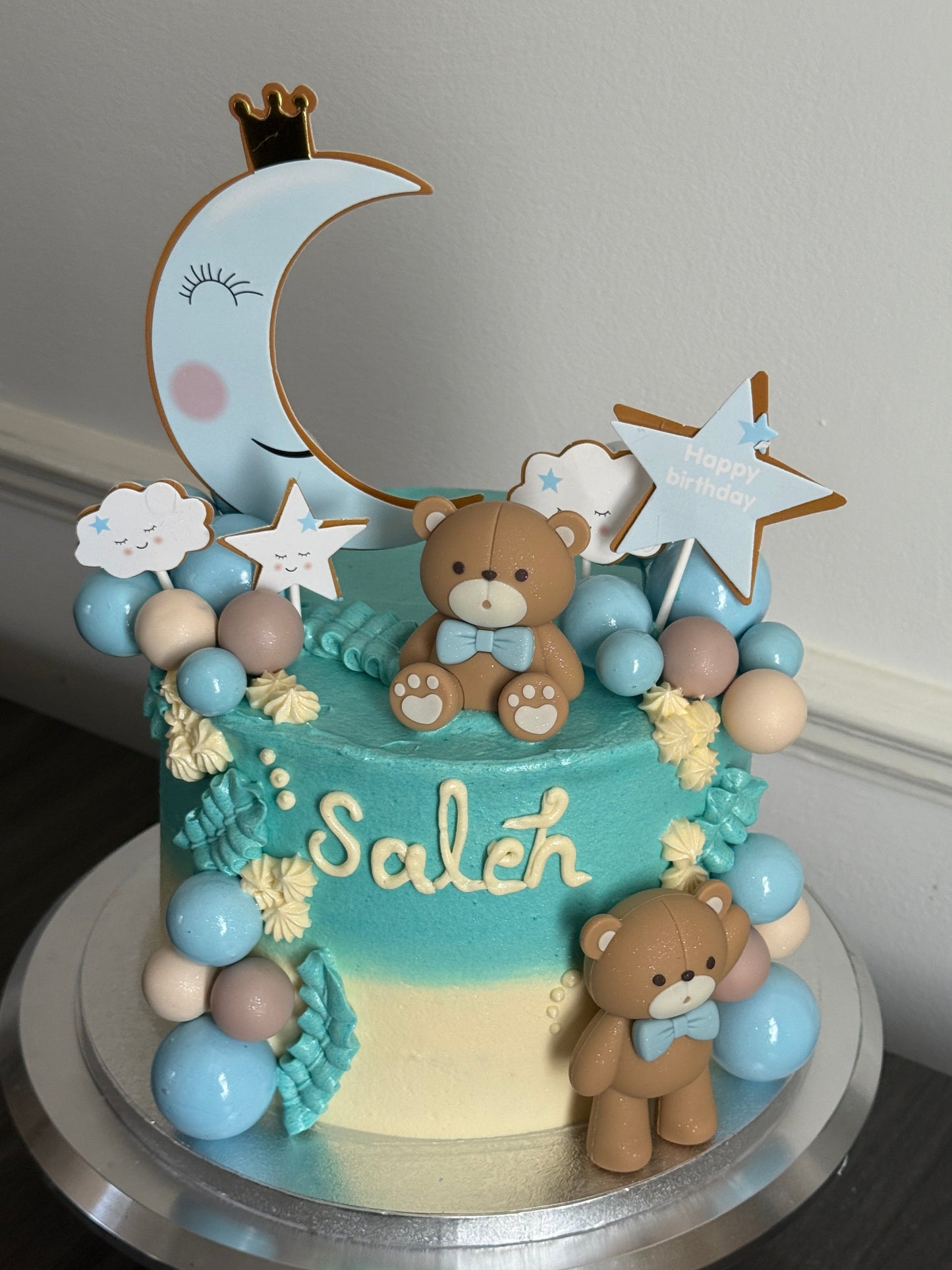 Baby Shower Teddy Bear Cake with pastel blue buttercream and balloons available for same-day cake delivery in East Ham and Romford