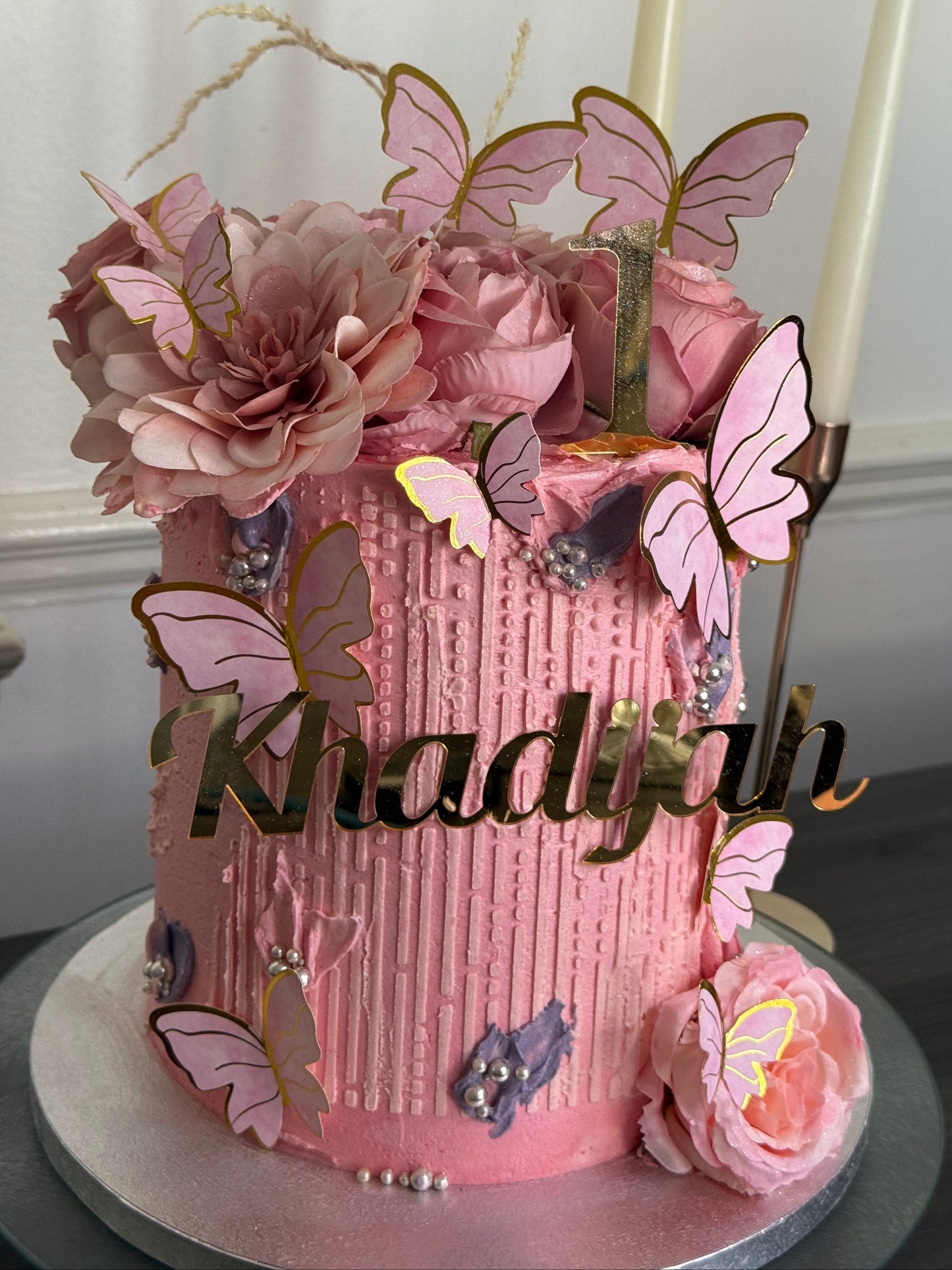 Pink Butterfly Floral Birthday Cake with flowers – Romford & Ilford delivery