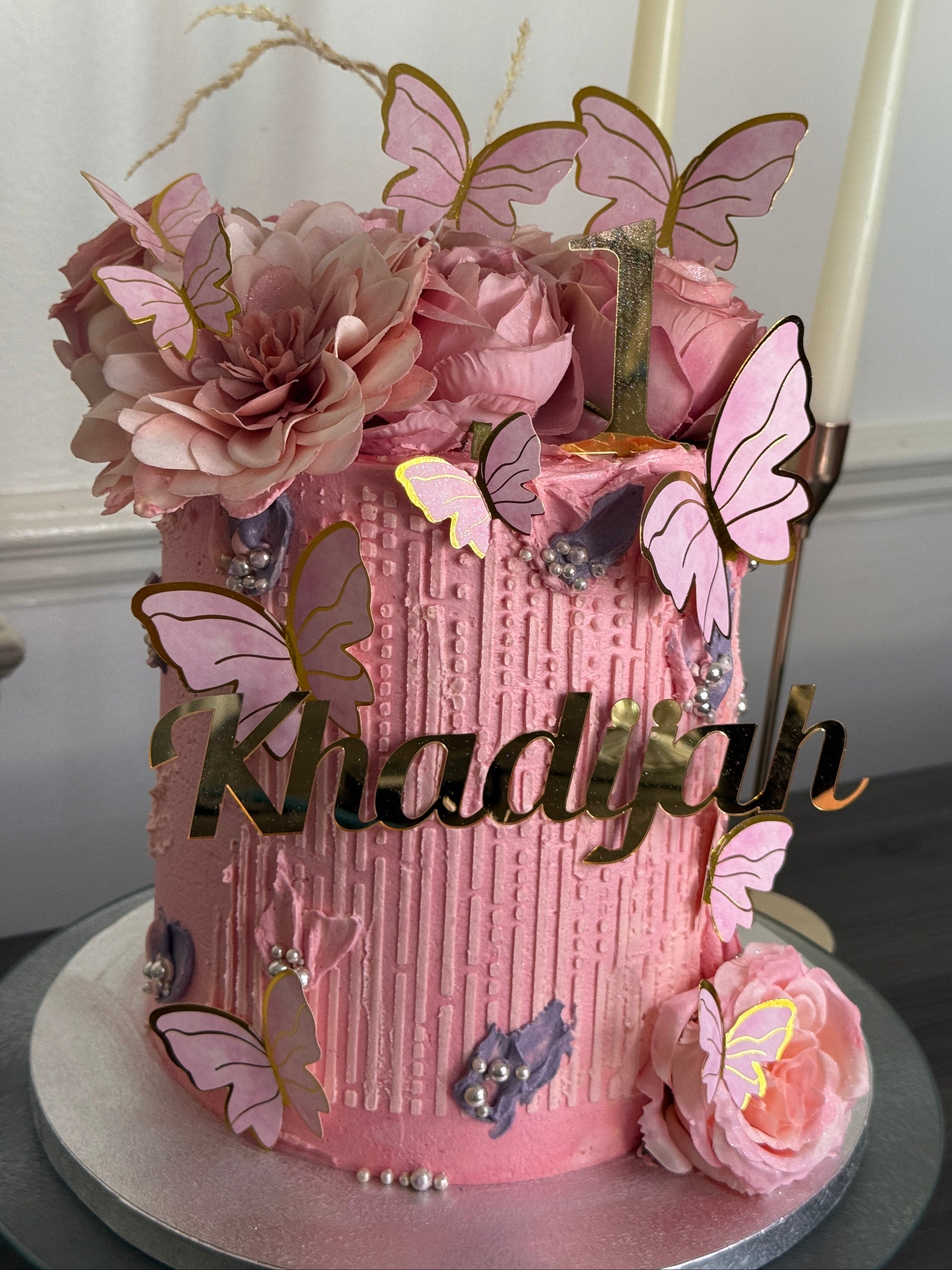 Pink Butterfly Floral Birthday Cake with flowers – Romford & Ilford delivery