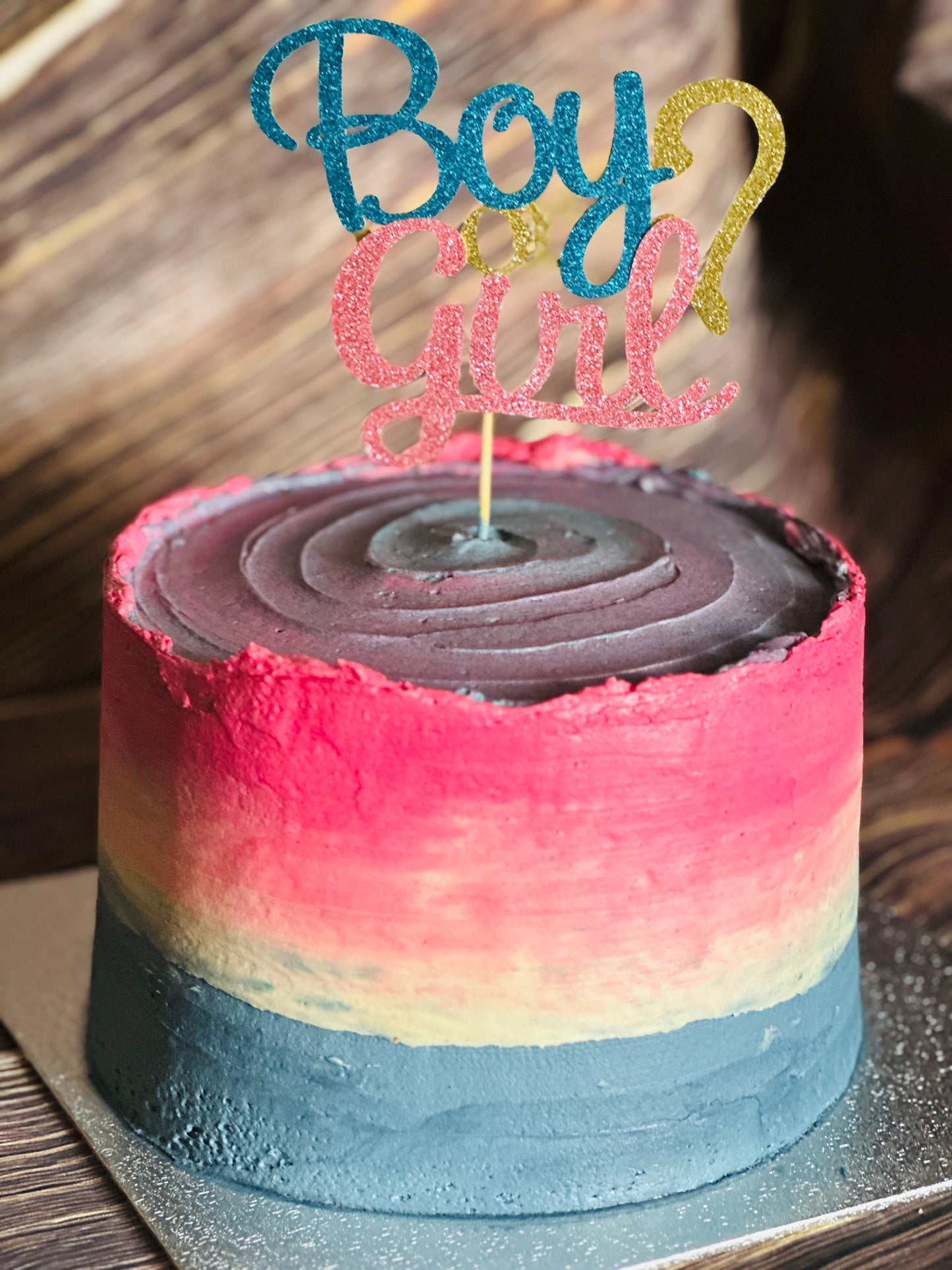 pink and blue gender reveal cake with surprise filling