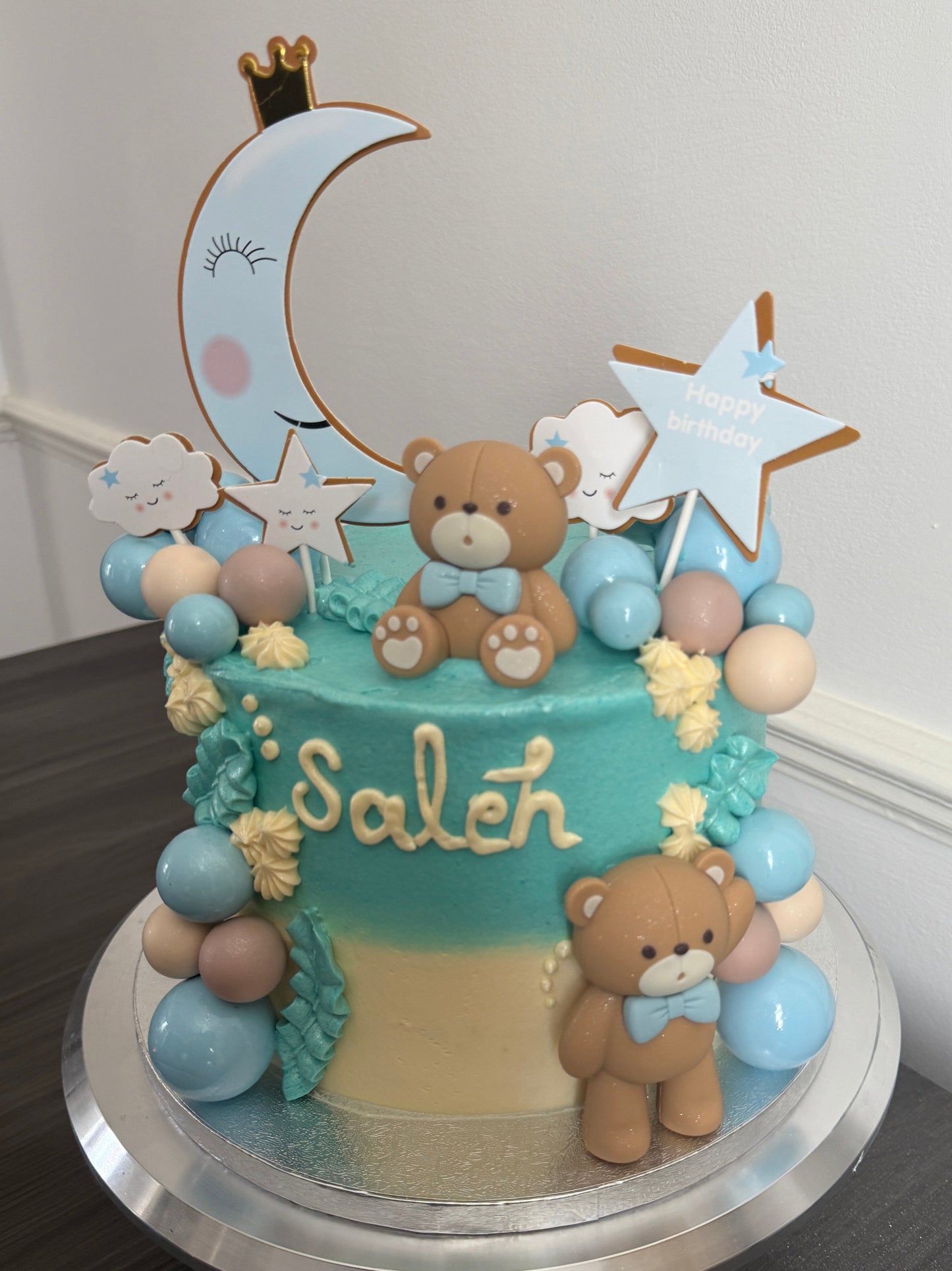 Personalised Teddy Bear and Moon Baby Cake with buttercream piping and name design delivered in Romford and surrounding East London areas