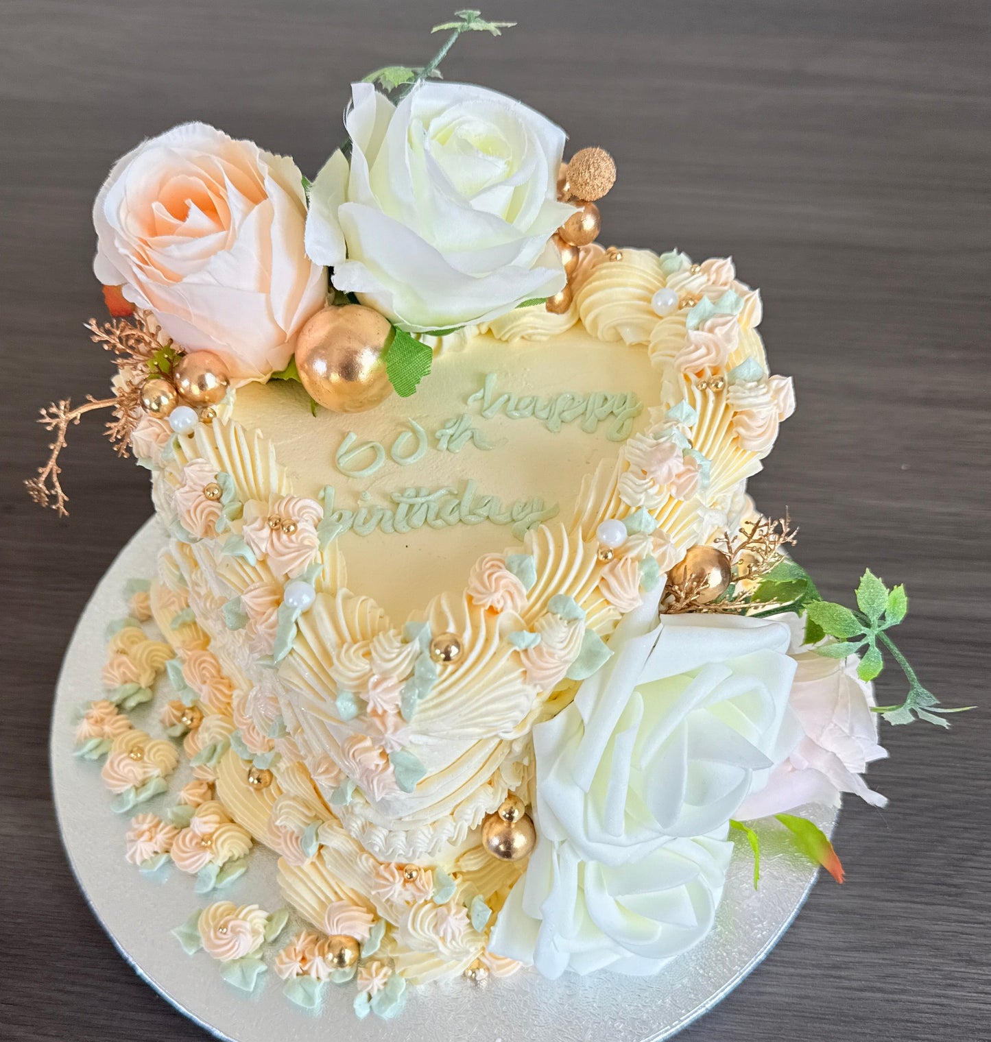 Vintage Floral Heart Cake with roses and gold pearls delivery Romford