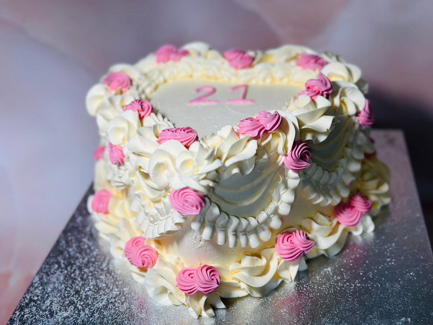 Classic white and pink floral buttercream heart cake delivered to IG1 Ilford, IG2 Gants Hill and RM6 Chadwell Heath