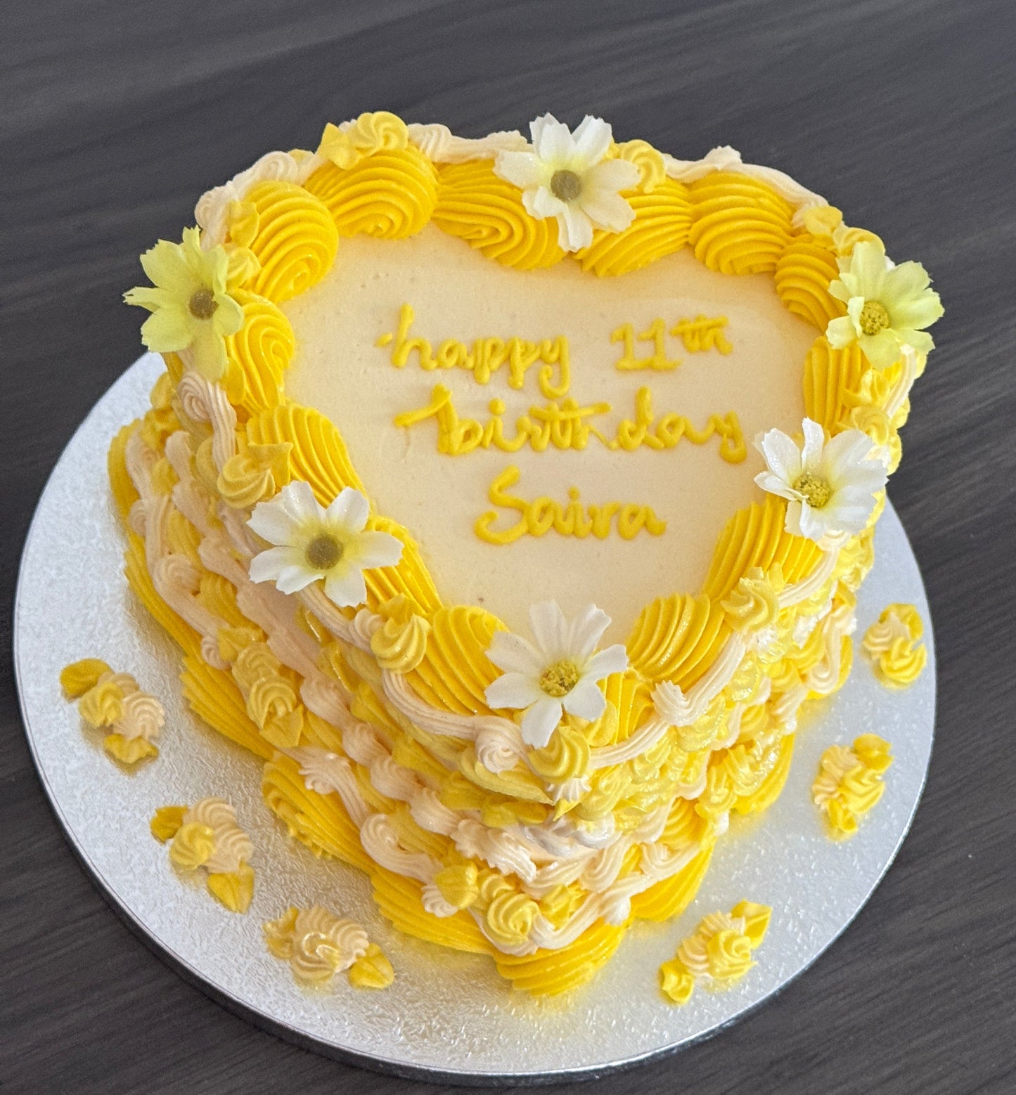Yellow heart cake with personalised message option, cake delivery to East Ham and Stratford.
