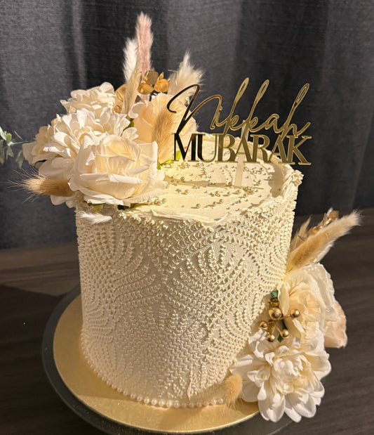 Personalised Nikkah Mubarak wedding cake with halal-friendly buttercream and gold initials topper, freshly baked by Cake Trays for East London delivery