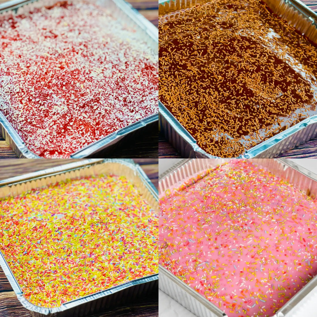 Assorted cake bake trays including school cake and Tottenham cake with icing and sprinkles, freshly baked for same day delivery in East London