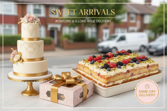 Local cake delivery to Romford and Ilford by Cake Trays bakery in Dagenham, halal-friendly designs delivered across IG and RM postcodes seven days a week