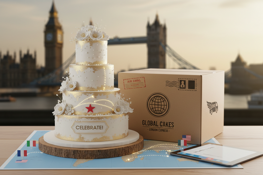 Halal-friendly birthday cake gift box freshly baked and delivered to East London, ordered online from Pakistan UAE and worldwide by Cake Trays