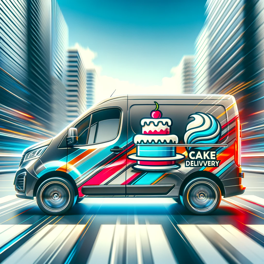 An image of a modern sleek delivery van with a vibrant eye-catching design. The van should be depicted in motion symbolizing speedy delivery.