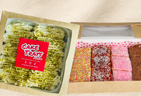 Milk Cake Tray and Cake Gift Box bundle from Cake Trays, showing assorted flavoured cake slices in a branded tray alongside a decorative gift box