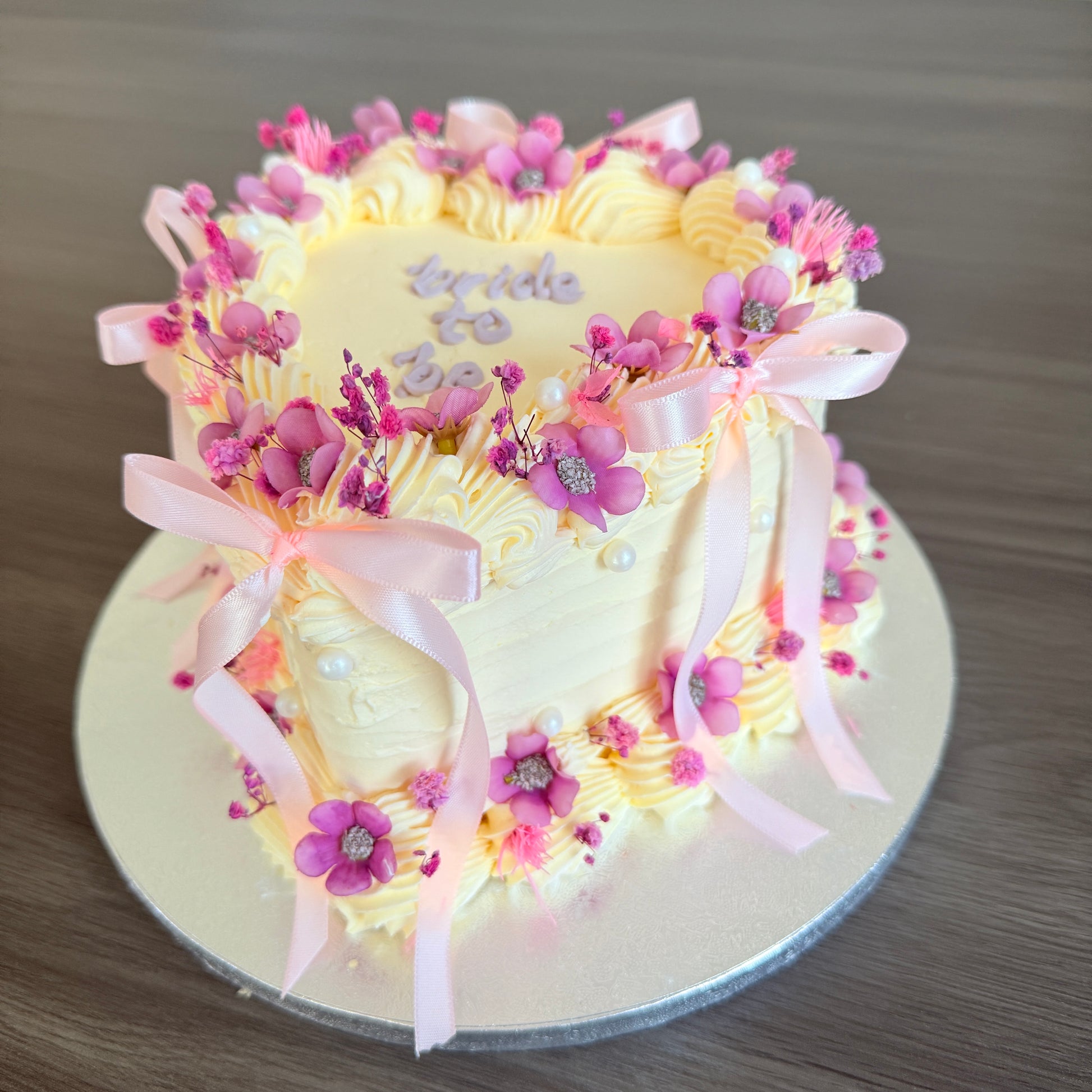 Bride to Be Heart Cake with pink flowers and ribbons – Romford East London delivery