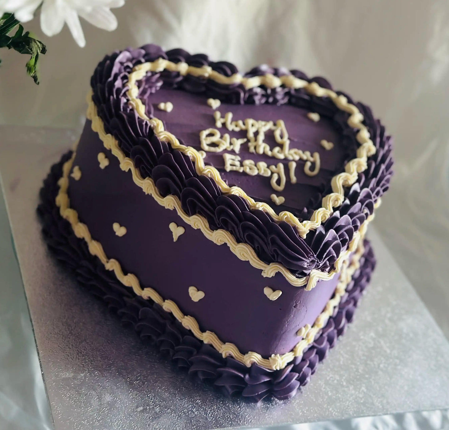 Buy heart cake with mini hearts in Collier Row and Harold Hill – elegant purple birthday design with cream details.