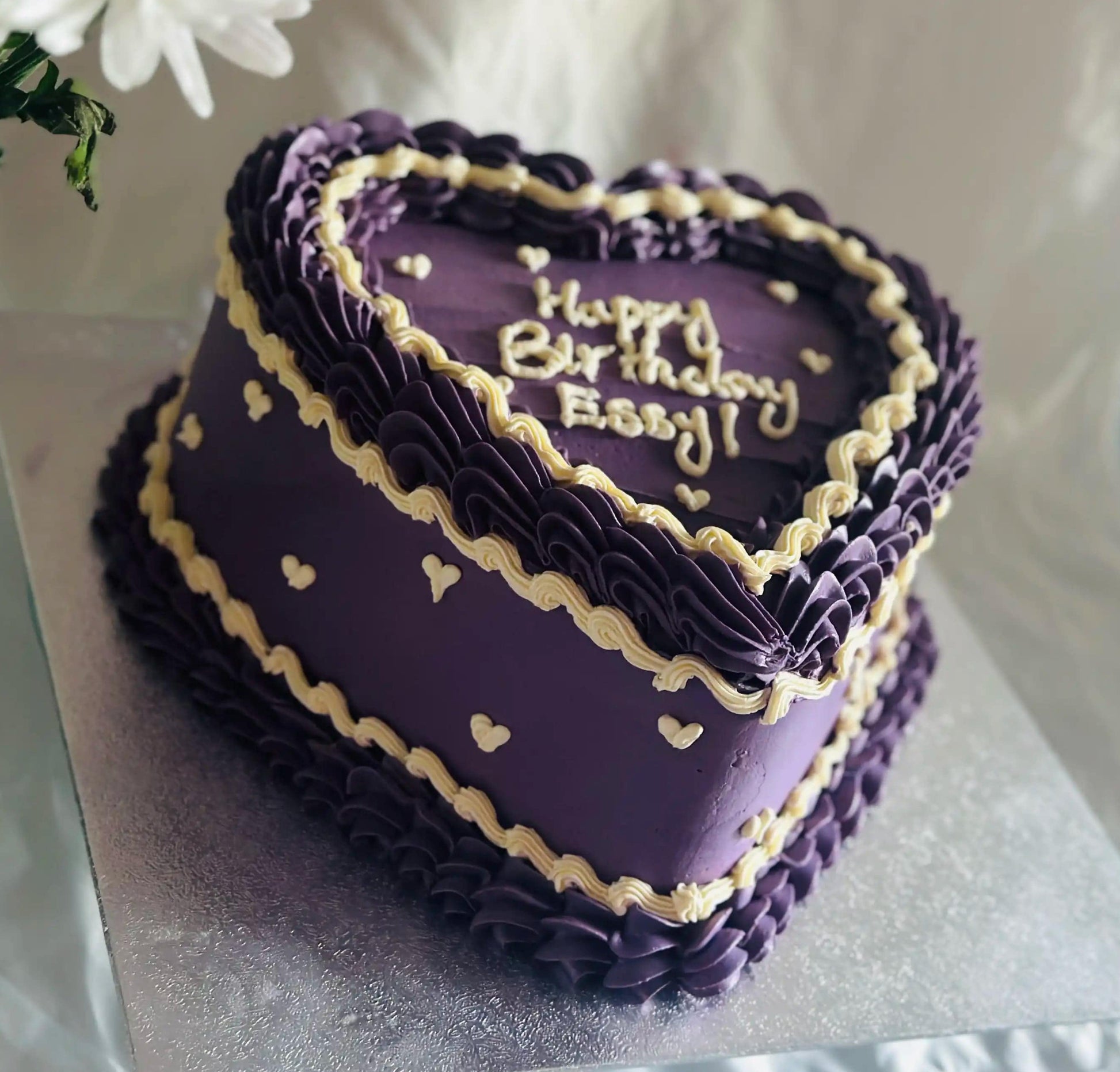 Buy heart cake with mini hearts in Collier Row and Harold Hill – elegant purple birthday design with cream details.