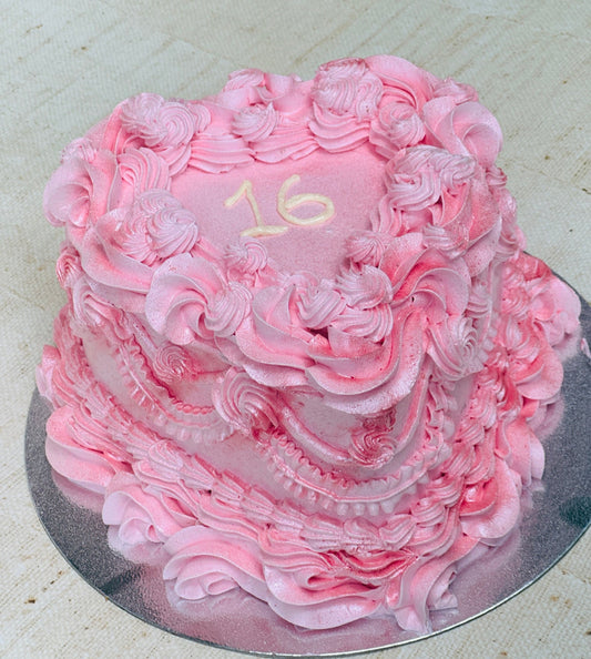 Buy sweet sixteen heart cake in Romford and Ilford – pink vintage buttercream design perfect for milestone birthdays.