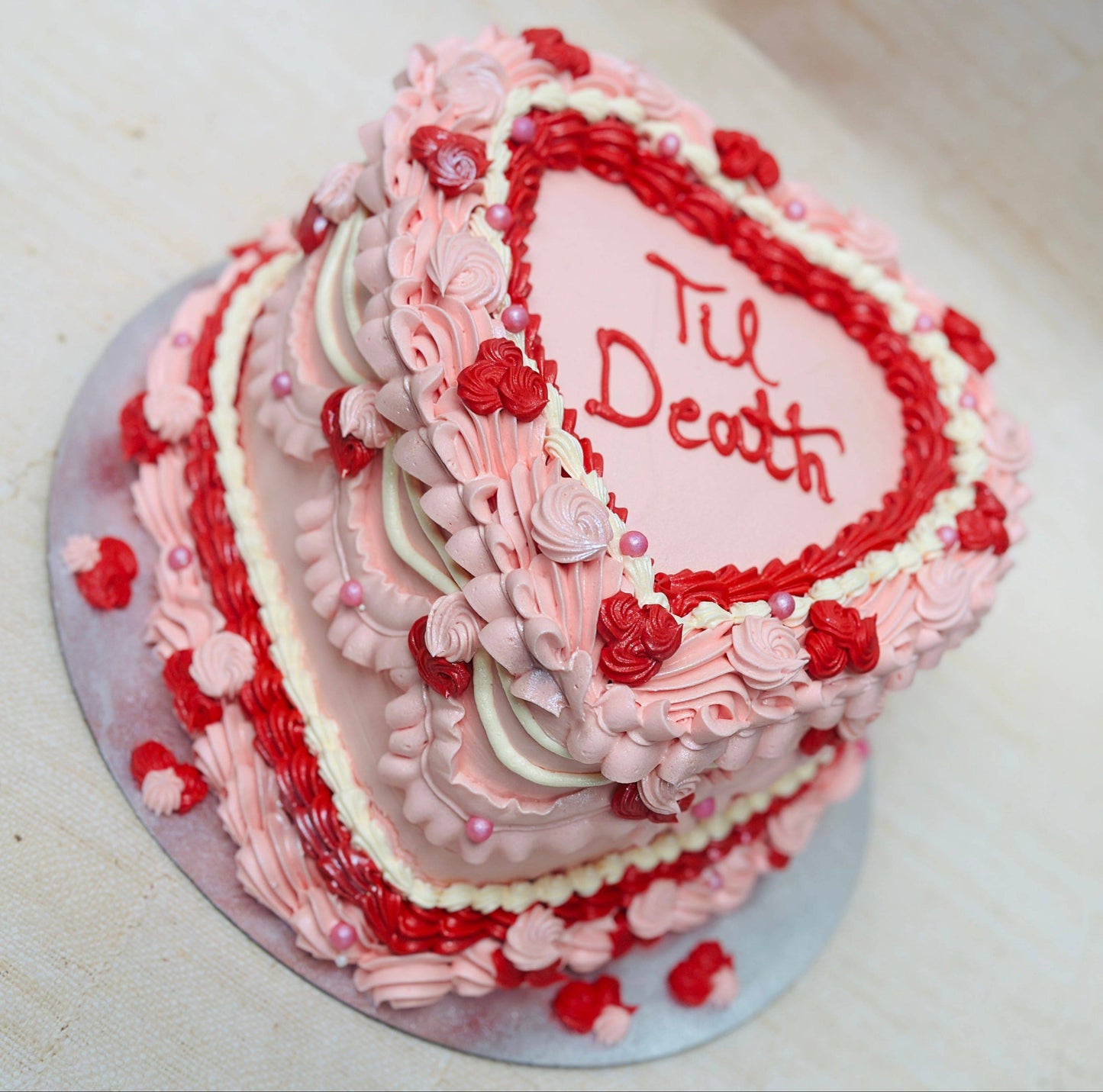 Buy Til Death heart birthday cake in Ilford and Chadwell Heath – gothic vintage-style celebration cake.
