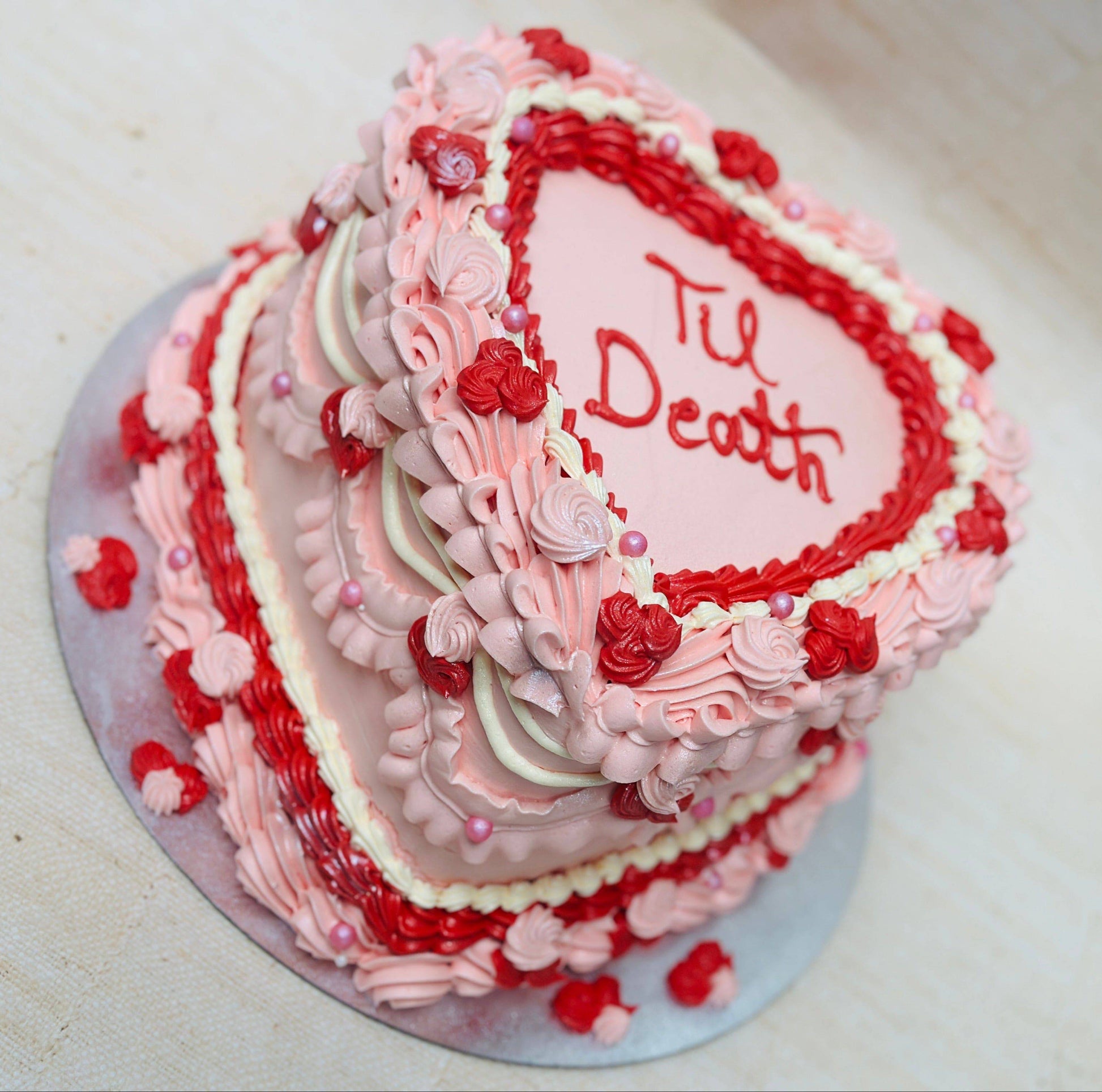 Buy Til Death heart birthday cake in Ilford and Chadwell Heath – gothic vintage-style celebration cake.