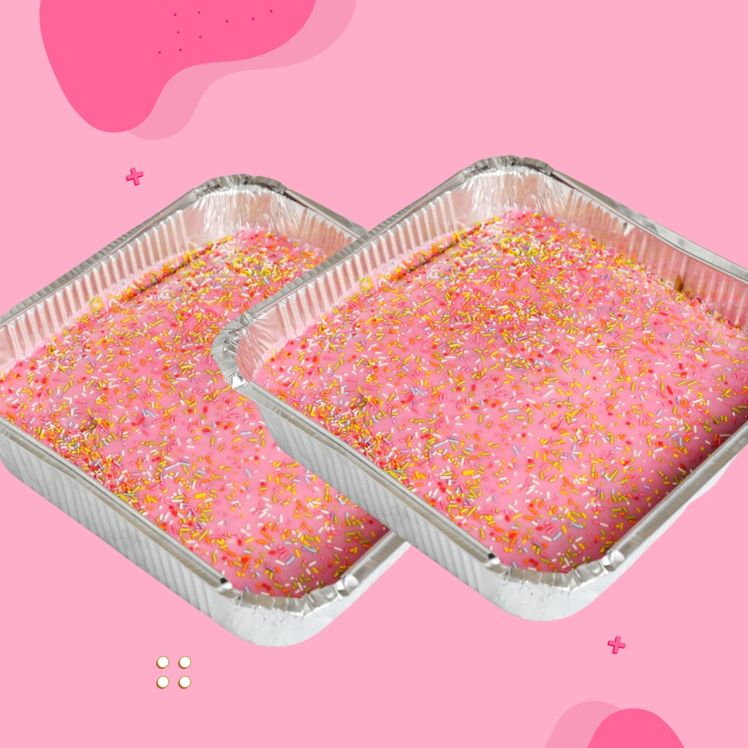 Two pink sprinkle cake trays on a pink background, part of Cake Trays special offer, available for same day delivery in Romford and Ilford, East London.