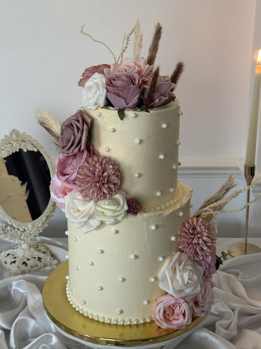 Pearl Offset Two Tier Wedding Cake with blush roses, pearl buttercream and dried stems, Cake Trays delivery in Romford, Ilford and East London.
