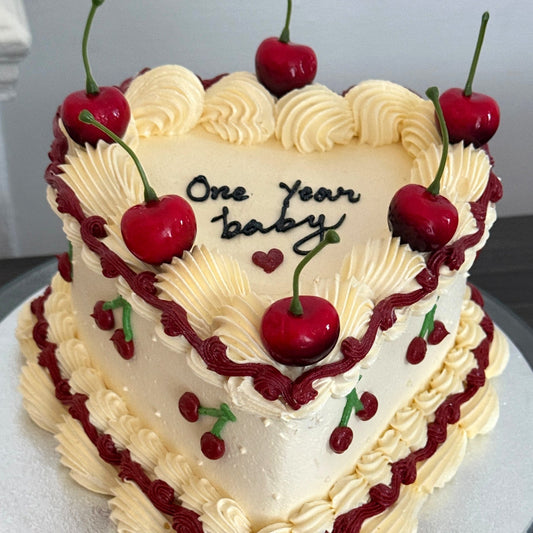 One Year baby cherry heart anniversary cake with vintage piping and fresh cherries, delivered to Walthamstow