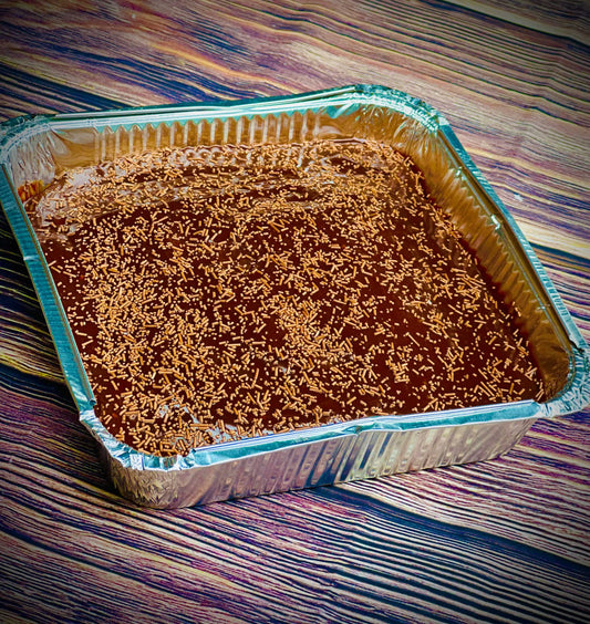 Chocolate cake tray topped with chocolate icing, available for same day delivery in Romford and Ilford, East London.