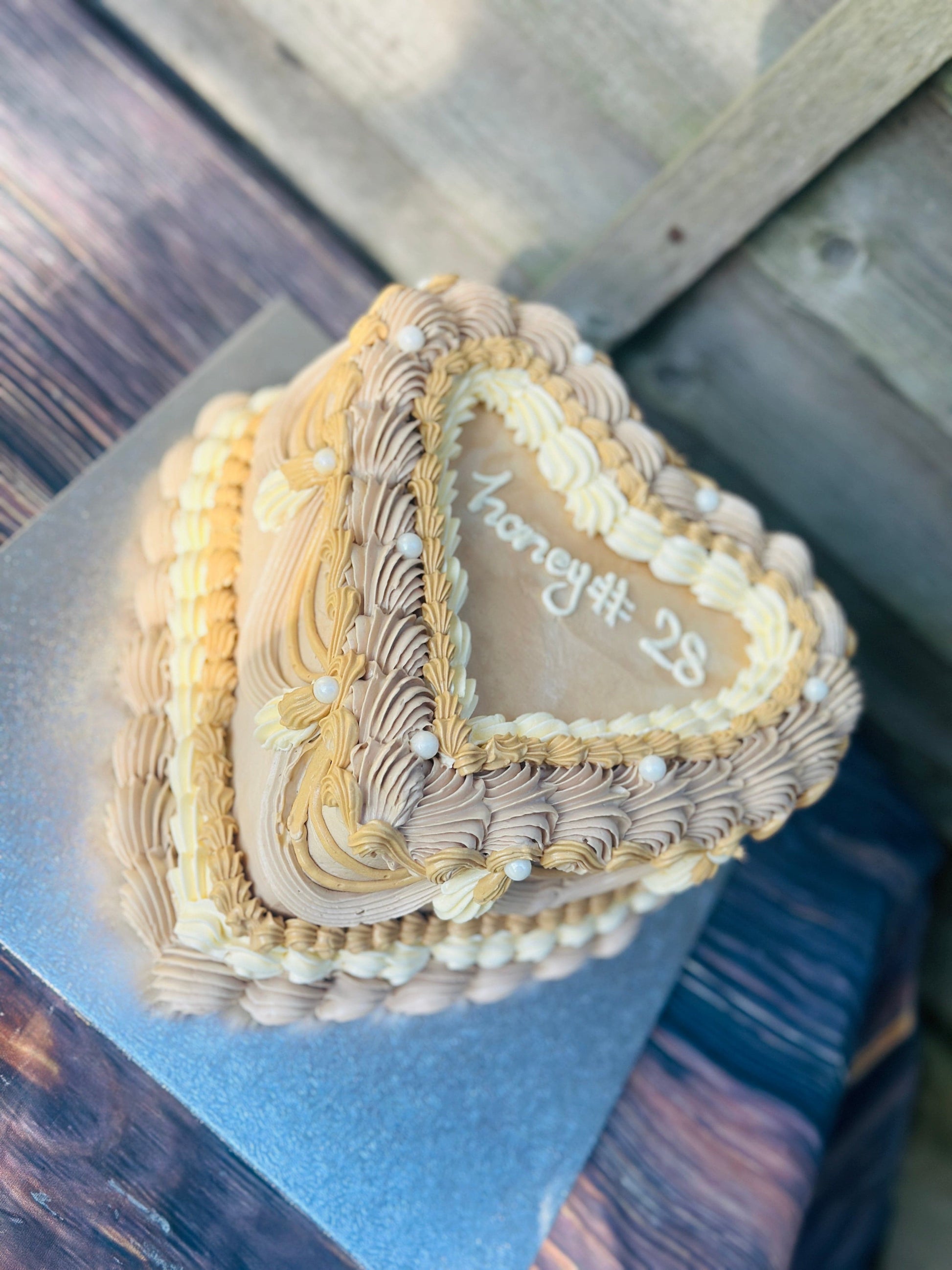 Custom Vintage Heart Cake Design CT35 with intricate buttercream details, delivered to South Woodford.