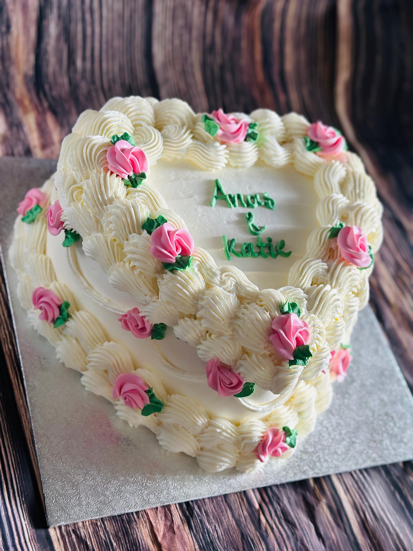 Custom Vintage Heart Cake CT50 with floral decorations, delivered fresh in Romford.