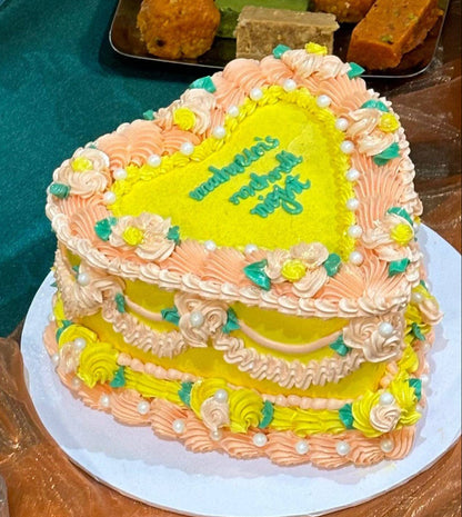 Custom mehndi heart cake with intricate floral design, handmade for wedding celebrations in Walthamstow and Barking.