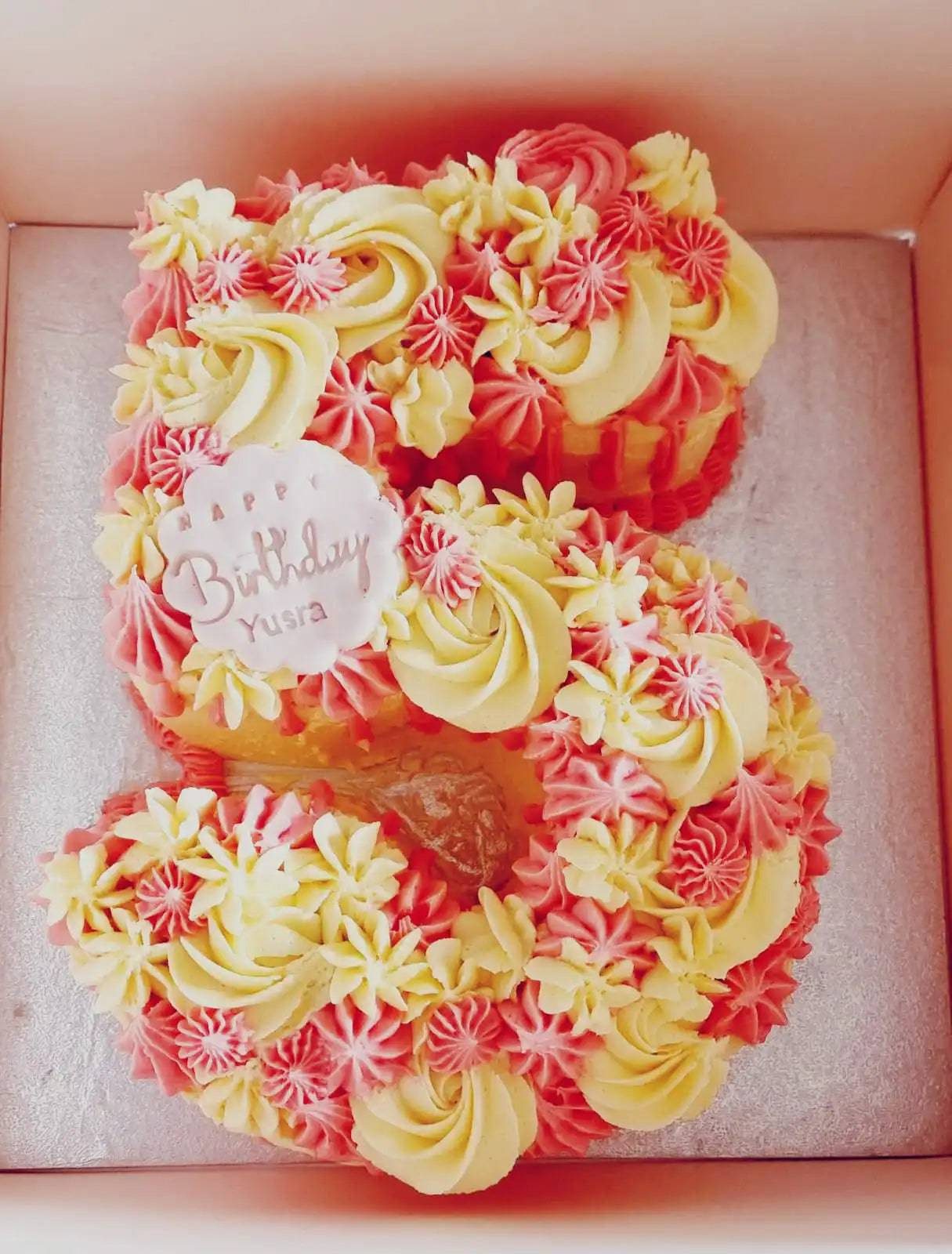 Custom number cake with buttercream piping and decorations, available for birthdays in Ilford and South Woodford.