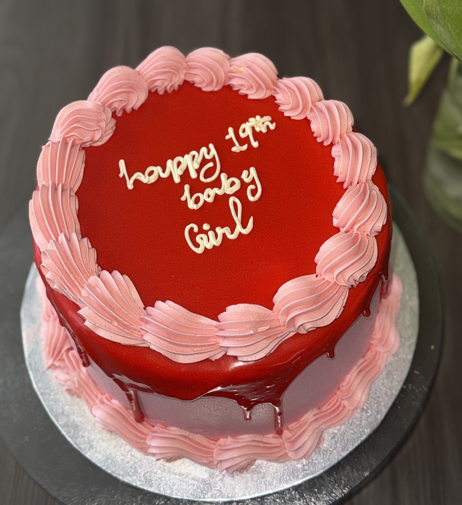 Custom drip cake with message topper, fast delivery to Ilford and Romford.