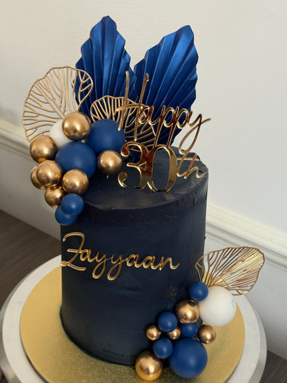 30th birthday celebration cake with luxury gold toppers delivered in Romford and East London
