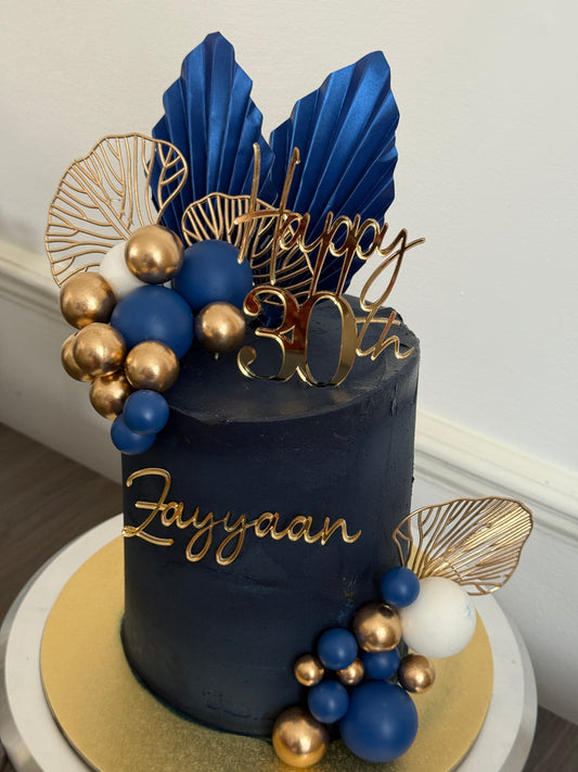 30th birthday celebration cake with luxury gold toppers delivered in Romford and East London