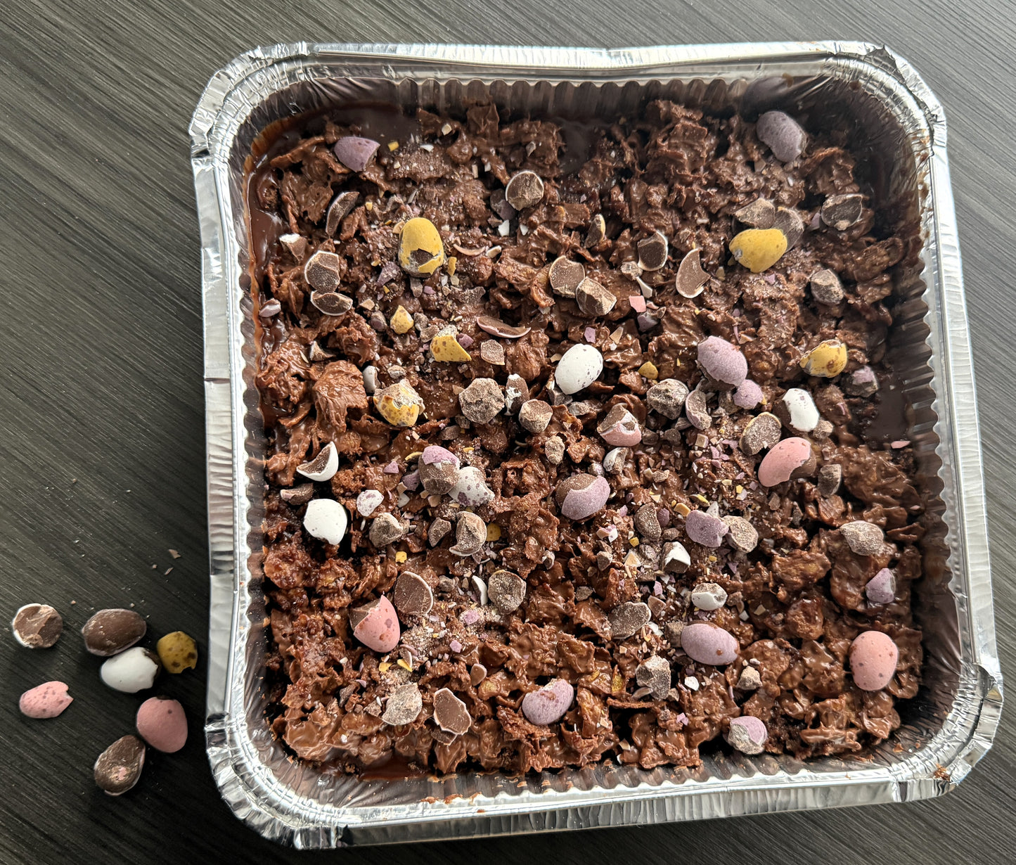 The Mini Eggs chocolate crunch tray served at a family celebration making the perfect shareable dessert for parties in Walthamstow and Stratford.