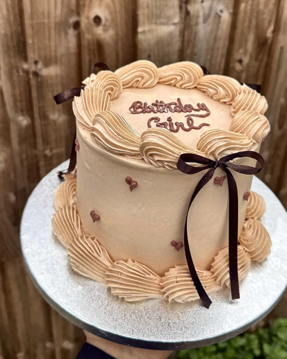 Nude Vintage Bow Cake with Brown Satin Ribbon alternate angle