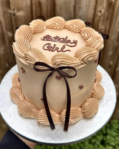 Nude Vintage Bow Cake with Brown Satin Ribbon by Cake Trays, East London