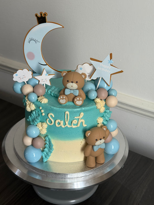 Baby Shower Teddy Bear Cake with pastel blue buttercream and balloons available for same-day cake delivery in East Ham and Romford