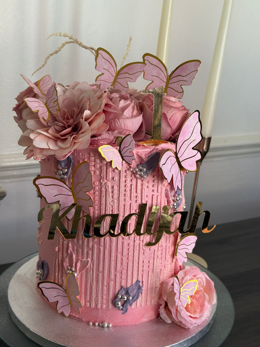 Pink Butterfly Floral Birthday Cake with flowers – Romford & Ilford delivery