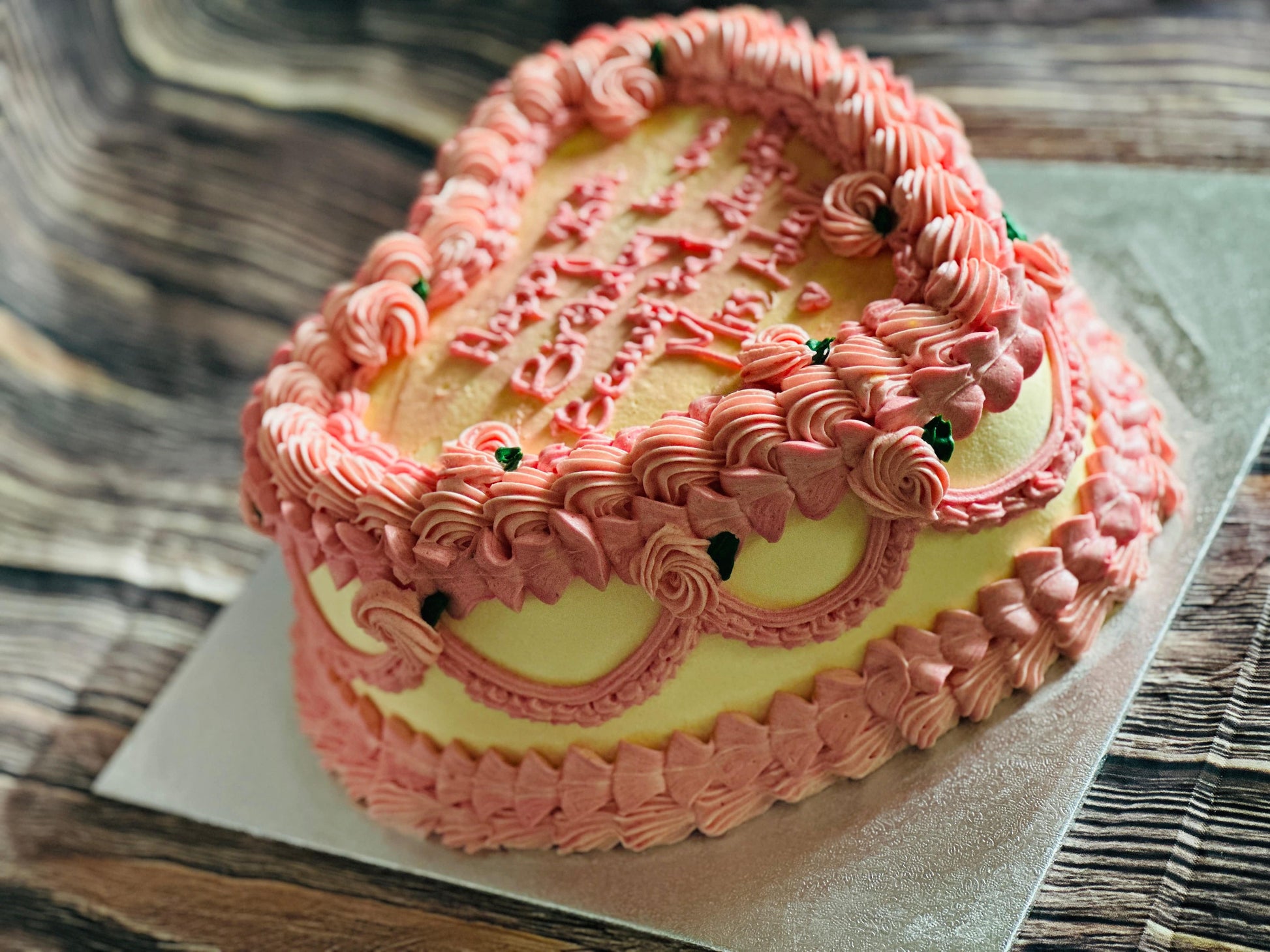 Pink and cream vintage heart cake delivered to E4 Chingford and IG9 Buckhurst Hill for birthdays and celebrations