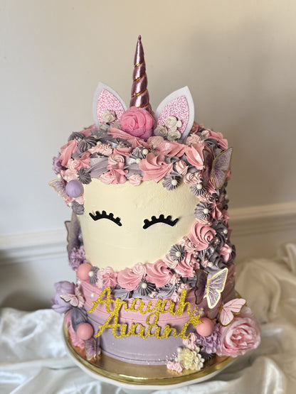 Front view of the pink and lilac unicorn birthday cake, custom cakes East London, Romford and Ilford.