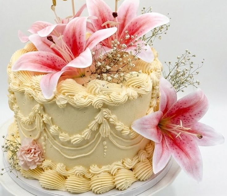 Close up of the pink lilies and Lambeth piped drapes, custom cakes East London, Romford and Ilford.
