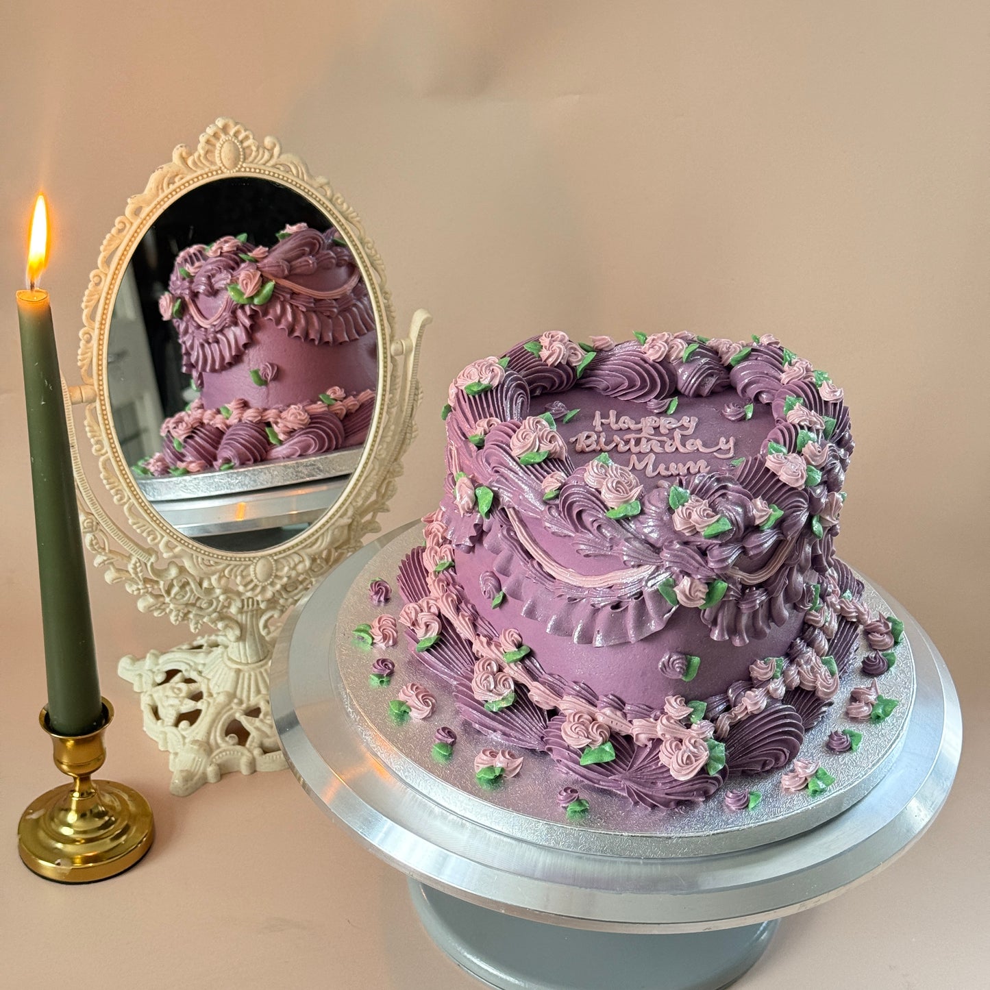 Purple vintage Lambeth piped buttercream cake with scrolls, swags and rosettes and a Happy Birthday Mum message — custom cakes East London, Romford and Ilford.