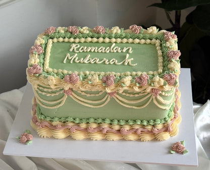 9 inch Ramadan Mubarak vintage rectangle cake (serves 8 to 12) with pastel green buttercream piping, available for cake delivery in Walthamstow and Stratford