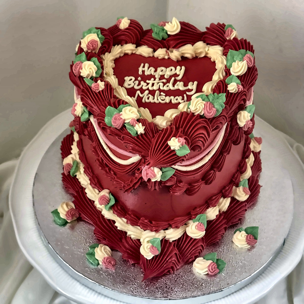 Red Heart Vintage Cake with Rosebud Garland by Cake Trays, East London