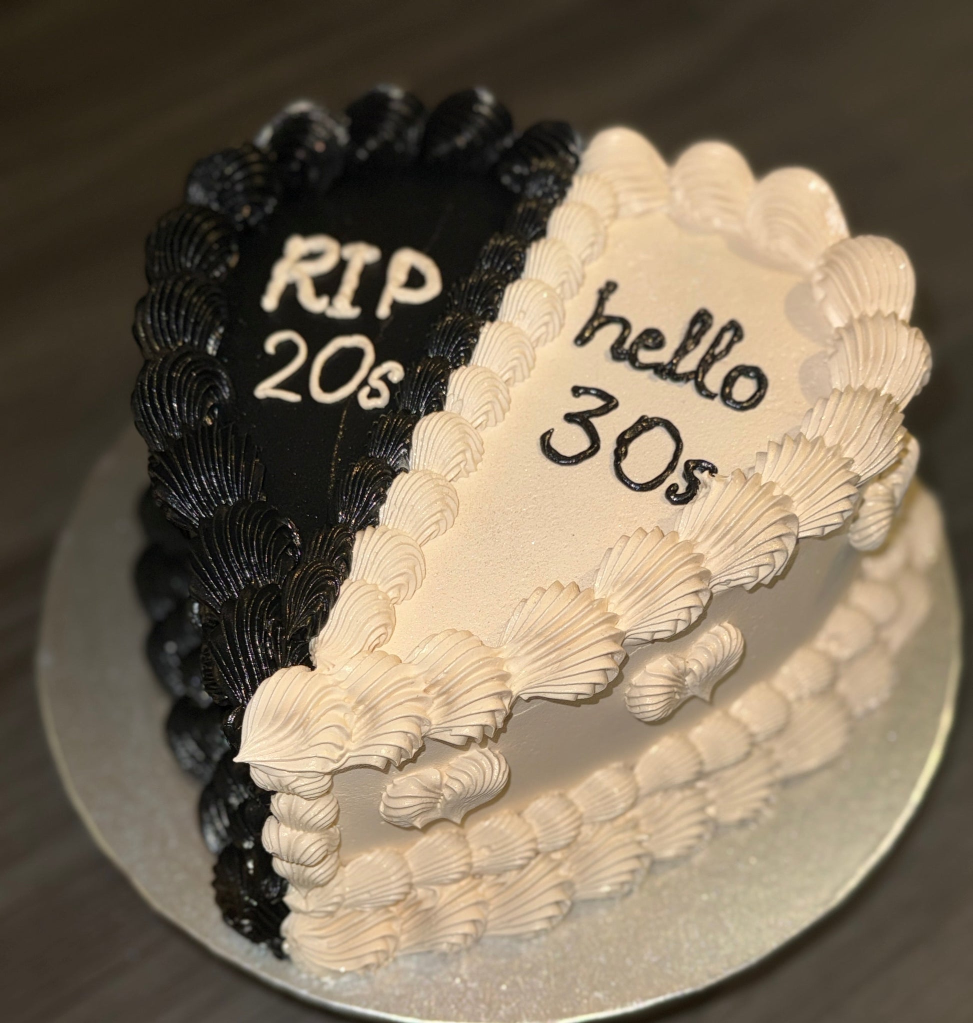 Black and white milestone birthday cake with buttercream piping in East London