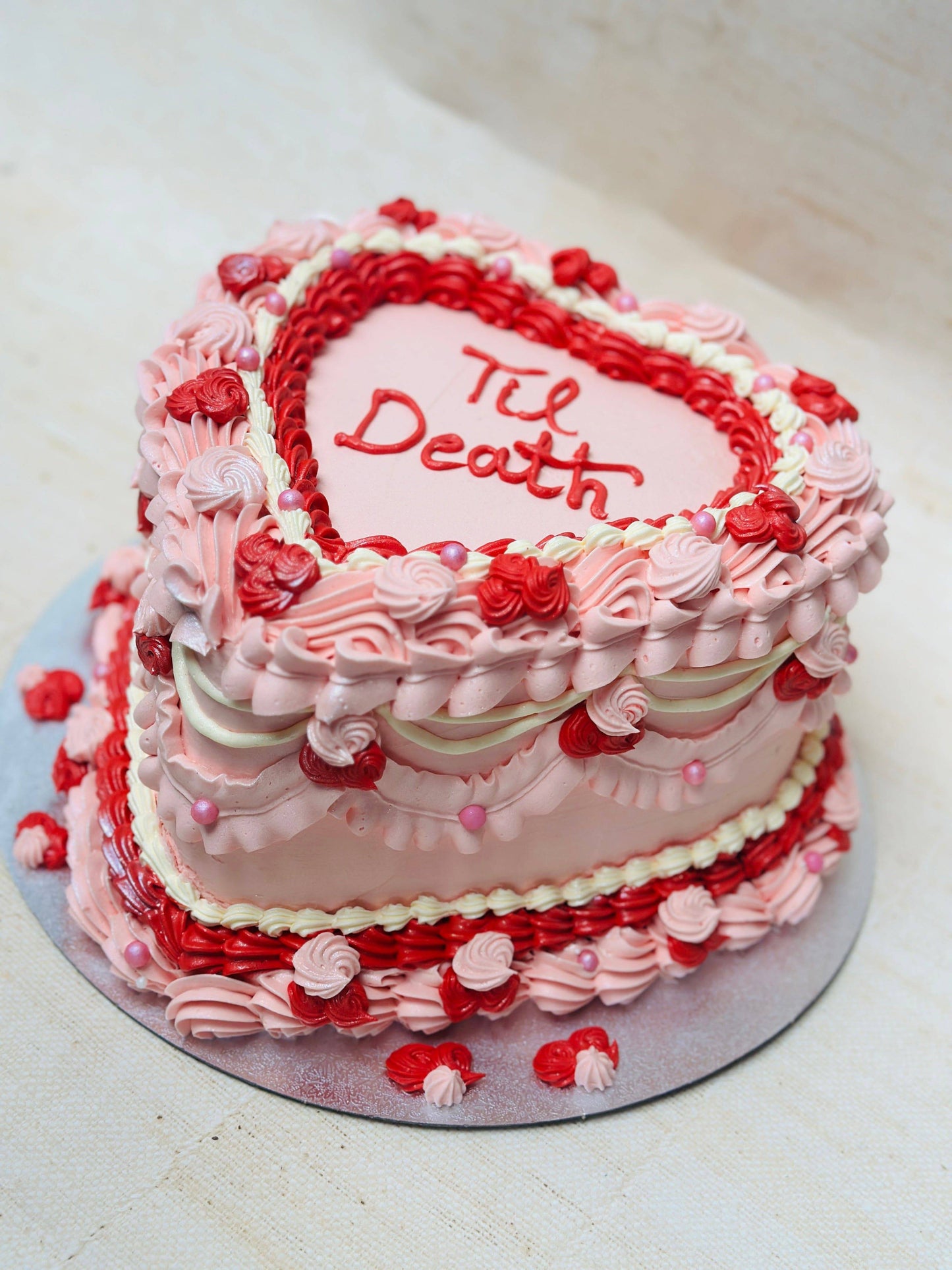 Romantic Vintage Heart Cake CT20 with delicate decorations, delivered in Walthamstow and nearby areas.